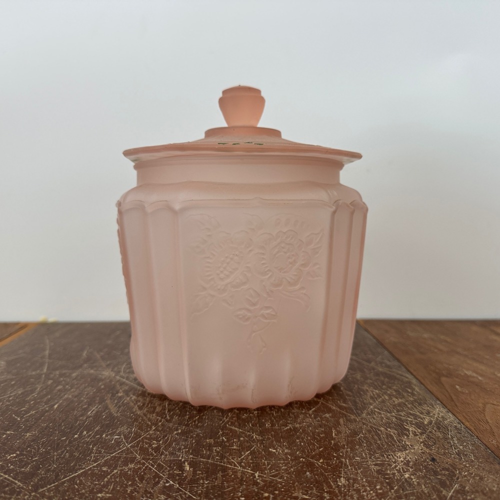 Antique Pink Depression Frosted Satin Glass Biscuit Jar Hand Painted Floral‎ Lid